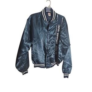 Vintage 80s US Navy USS Essex LHD 2 Satin Bomber Jacket Blue Sz XL